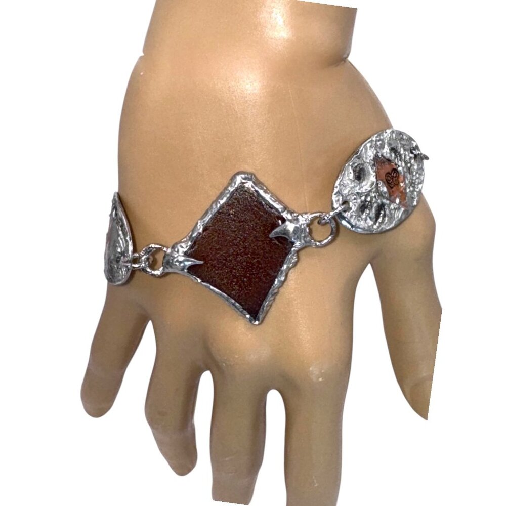 Amber Sea Glass Mixed Metals Butterfly Bracelet w/ Artisan Silver & Copper ADJ. - Picture 3 of 11